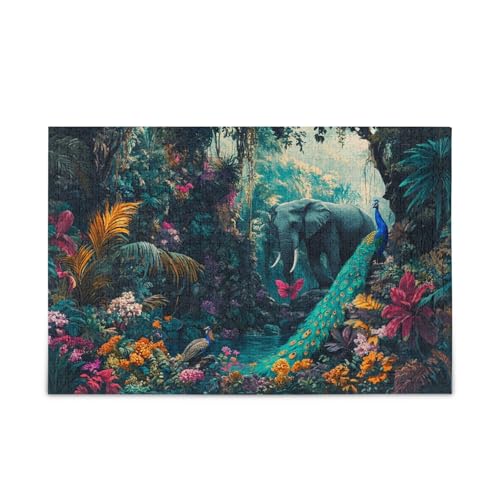 Pfau Wasserfall Elefanten Tropisches Puzzle 500 Teile Puzzle Stabile 2 mm Puzzleteile für Erwachsene Familien von ODAWA