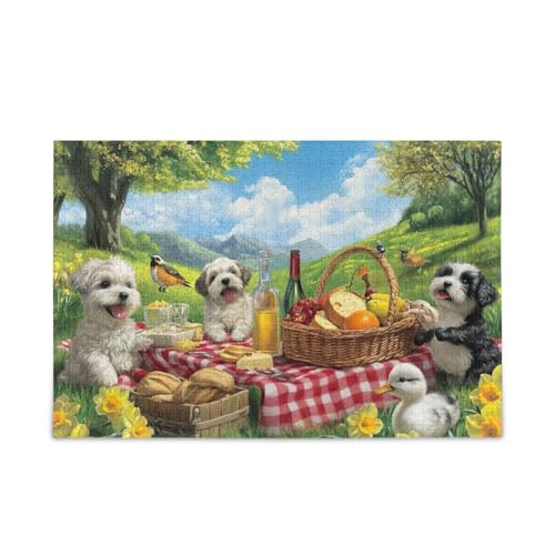 Picknick-Szene mit Welpen, Puzzle, 500 Teile, stabiles 2 mm Puzzleteile, Herausforderungspuzzle für Erwachsene von ODAWA