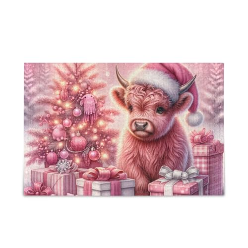 Pinke Weihnachtskuh mit Hut, Puzzle, 500 Teile, stabiles 2 mm Puzzleteile, Herausforderungspuzzle für Erwachsene von ODAWA