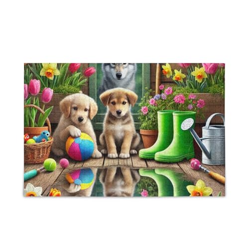 Playful Puppies Gelbe Puzzles Herausforderndes Puzzlespiel, lustiges Puzzle für Erwachsene, fertige Größe 74,9 x 50,0 cm von ODAWA