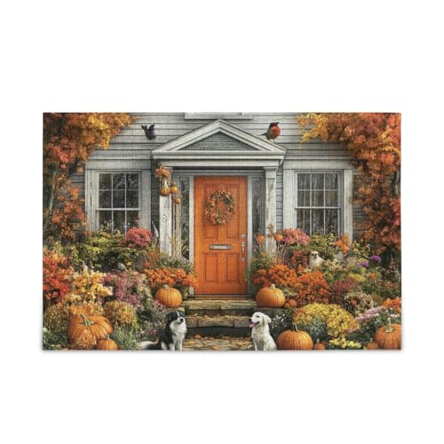 Pumpkin Porch Orange Puzzle 500 Teile Puzzle DIY Geschenk Puzzle mit Netz-Aufbewahrungstasche für Erwachsene Teenager von ODAWA