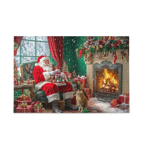 Puzzle-Spiel mit Weihnachtsmann mit Haustieren, Wandkunst, Spaß, Familienaktivität, fertige Größe 74,9 x 50 cm von ODAWA