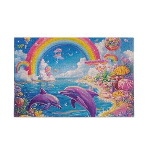 Regenbogen Delfine Rosa Puzzle 500 Teile Puzzle Herausforderndes Puzzlespiel Lustiges Puzzle für Erwachsene von ODAWA