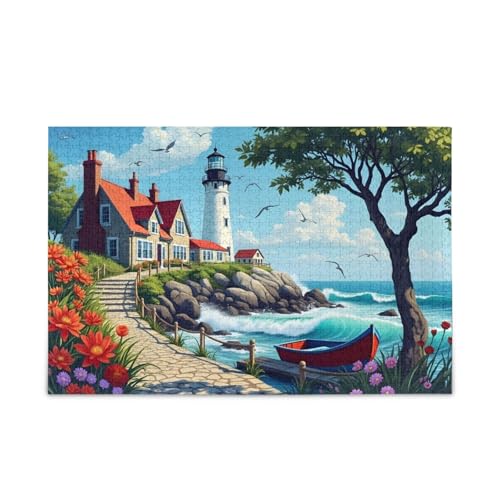 Retro Leuchtturm Blau Puzzles 500 Teile Puzzle DIY Geschenk Jigsaw Puzzles mit Mesh Aufbewahrungstasche Lustiges Puzzle für Erwachsene von ODAWA