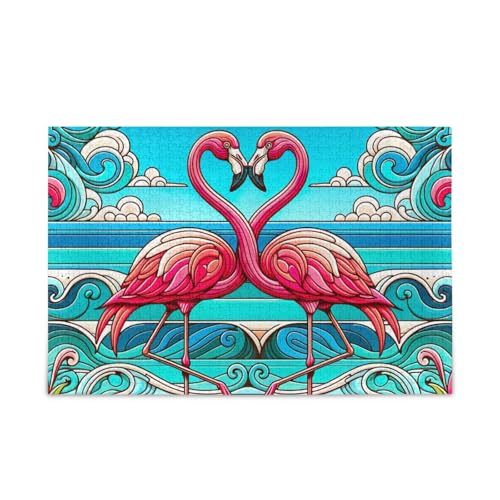 Romantische Flamingos Strandpuzzles DIY Geschenk Puzzle mit Netz-Aufbewahrungstasche Herausforderung Puzzle für Erwachsene, fertige Größe 74,9 x 50 cm von ODAWA