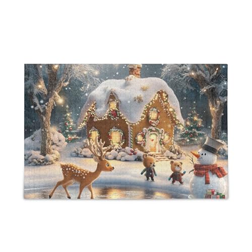 Schneemann-Tiere, Lebkuchenhaus-Puzzle, stabile 2-mm-Puzzleteile, lustige Familienaktivität, fertige Größe 74,9 x 50 cm von ODAWA