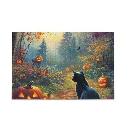 Schwarze Katze Kürbisse Blau Puzzle 500 Teile Puzzle Puzzle Spiel Home Wall Artwork Lustiges Puzzle für Erwachsene von ODAWA