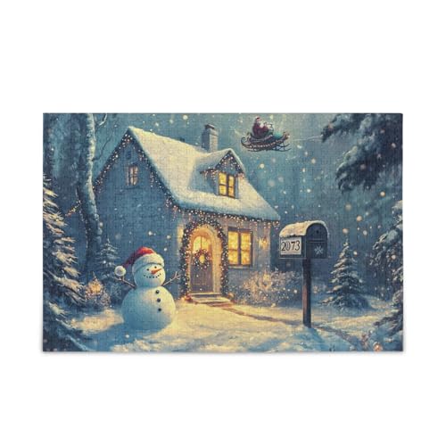 Snowy Cottage Night Blue Puzzles 500 Teile Puzzle DIY Geschenk Jigsaw Puzzles mit Mesh Aufbewahrungstasche für Erwachsene Familien von ODAWA