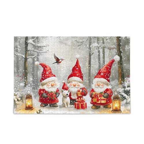 Snowy Gnomes Gathering White Puzzle DIY Gift Jigsaw Puzzles with Mesh Storage Bag Funny Puzzle for Adults Kids, Finished Size 74.9 cm x 50.0 cm von ODAWA