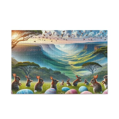 Sonnenaufgang Ostern Hasen Blau Puzzles 500 Teile Puzzle DIY Geschenk Jigsaw Puzzles mit Mesh Aufbewahrungstasche Herausforderung Puzzle für Erwachsene von ODAWA