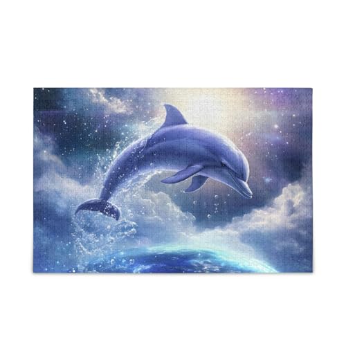 Springender Delphin Blau Puzzles DIY Geschenk Puzzle mit Netz-Aufbewahrungstasche Lustiges Puzzle für Erwachsene, Fertige Größe 74,9 x 50 cm von ODAWA