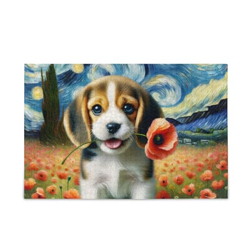 Sternenhund-Blumen-Puzzle, 500-teiliges Puzzle, DIY-Geschenk-Puzzles mit Netz-Aufbewahrungstasche, lustige Familienaktivität von ODAWA