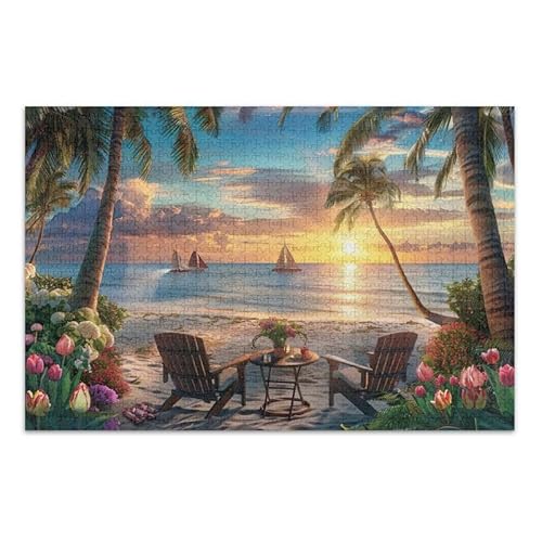 Strandszene mit Palmen, Puzzle-Spiel, Heimwandkunst, lustiges Puzzle für Erwachsene und Kinder, fertige Größe 74,9 x 50 cm von ODAWA