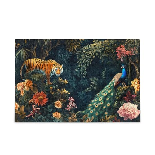 Tigers and Peacock Wildlife Puzzle Sturdy 2mm Puzzle Pieces Funny Puzzle for Adults, Finished Size 74.9 cm x 50.0 cm von ODAWA