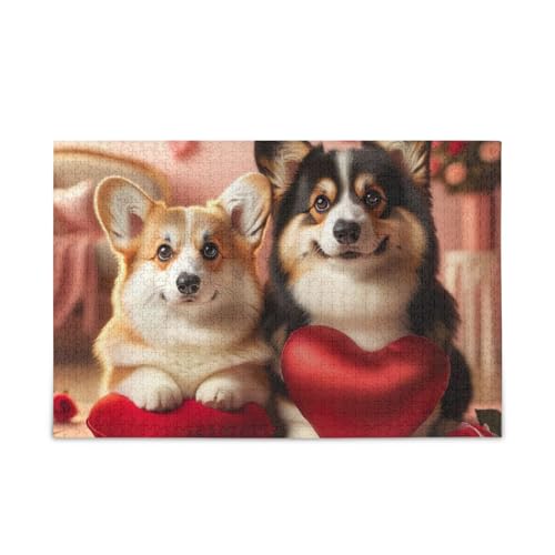 Valentinstag Hund Herz Puzzle DIY Geschenk Puzzle mit Netz-Aufbewahrungstasche für Erwachsene Familien Fertige Größe 74.9 cmx 50.0 cm von ODAWA