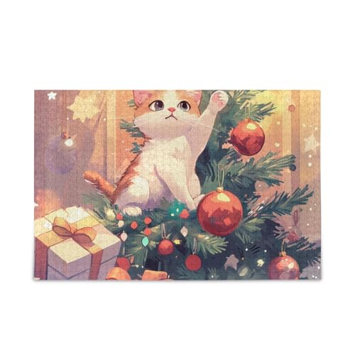 Verspielte Katze mit Geschenken Puzzles 500 Teile Puzzle DIY Geschenk Jigsaw Puzzles mit Mesh Aufbewahrungstasche Lustiges Puzzle für Erwachsene von ODAWA