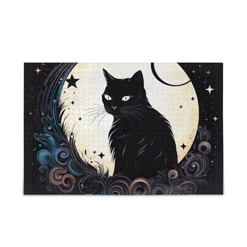 Vintage Moon Cat Black Puzzle Puzzle für Erwachsene Familien Fertige Größe 74.9 cm x 50.0 cm von ODAWA