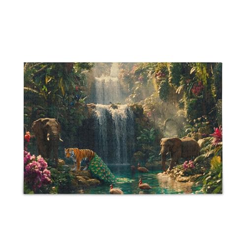 Wasserfall Elefanten und Pfau Puzzles 500 Teile Puzzle Herausforderndes Puzzlespiel Lustiges Puzzle für Erwachsene von ODAWA