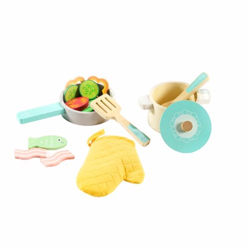 ODS - Maisonelle Nature, Playset Töpfe mit Lebensmitteln, Spielzeug für Kinder aus Holz, mit Handschuh, Pfanne, Utensilien, Altersempfehlung +3 Jahre von ODS