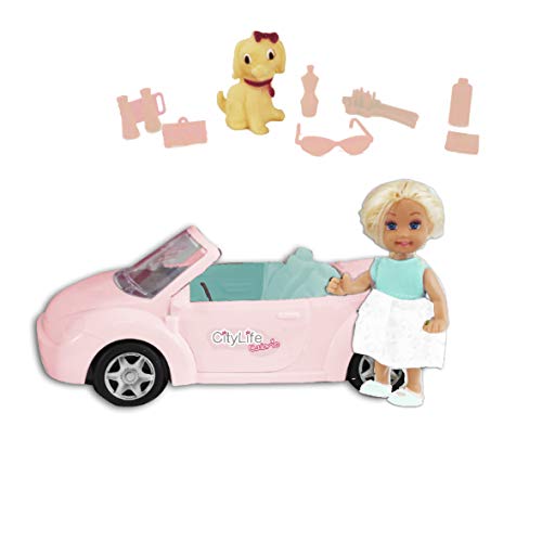 ODS -44409 Mini-Puppe 12 cm. Cabrio mit Freilaufen, mit Türen zum Öffnen und Zubehör, Farbe: Rosa, Hellblau, 44409 von ODS