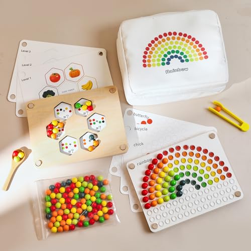 OESSUF Montessori Spielzeug ab 3 Jahren, unsichtbar Regenbogen Holzpuzzle Farbe Sortieren Clip Perlen Board Game Feinmotorik Match Lernspielzeug Geschenk für Kinder Jungen und Mädchen 3 4 5 Jahre von OESSUF