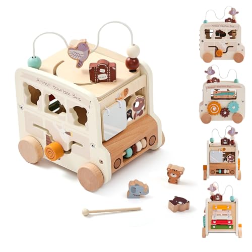 OESSUF Motorikwürfel Baby Montessori Spielzeug ab 1 Jahr, 9 in 1 Bus Motorikspielzeug für 12+ Monate Aktivitätswürfel Baby Holzspielzeug kinderspielzeug ab 1 Mädchen und Jungen Geschenk (Beige) von OESSUF