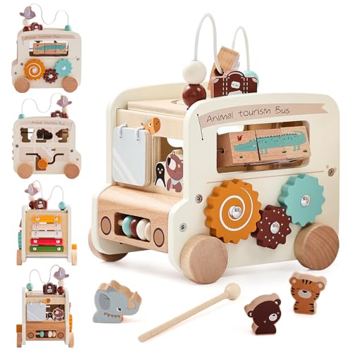 OESSUF Motorikwürfel Baby Montessori Spielzeug ab 1 Jahr, 9 in 1 Bus Motorikspielzeug für 12+ Monate Aktivitätswürfel Baby Holzspielzeug kinderspielzeug ab 1 Mädchen und Jungen Geschenk (Beige) von OESSUF