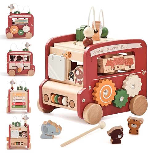 OESSUF Motorikwürfel Baby Montessori Spielzeug ab 1 Jahr, 9 in 1 Bus Motorikspielzeug für 12+ Monate Baby Holzspielzeug Aktivitätswürfel kinderspielzeug ab 1 Mädchen und Jungen Geschenk(Rot) von OESSUF