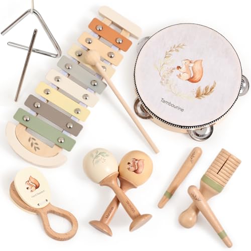 OESSUF Musikinstrumente für Kinder ab 1 Jahr, Montessori Spielzeug Baby ab 1 2 3 Jahr Xylophone Tamburin Kinder Instrumente Holzspielzeug Geburtstagsgeschenke ab 18+ Monate von OESSUF