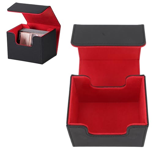 Kartendeck-Hülle für Sammelkarten, Sammelkarten-Aufbewahrungsbox für mehr als 100 Karten, magnetische Klappenbox mit seitlichem Einsatz und Leder, für Magic Commander TCG-Karten (Schwarz Rot) von OFFAXE