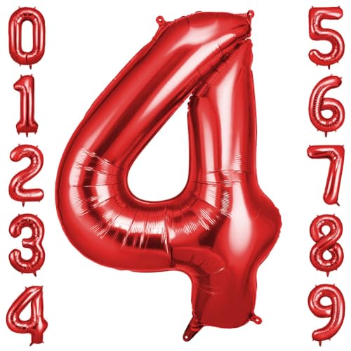 OFFCUP Zahlen Luftballon Rot, Folienballon Zahl 4, 40 Zoll Helium Ballons Geburtstagsdeko Mädchen Junge Kindergeburtstag Party Deko Ballon Zahl Deko zum Geburtstag Silvester Deko Neujahr Deko von OFFCUP