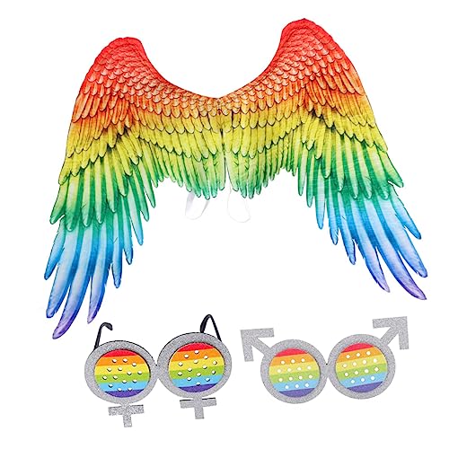 OFFSCH 3 Stück Gay-Engelsflügel und Brille, Engelskostüm, Partybrille, Regenbogenflügel, Halloween-Kostüme, Kleider, Regenbogen-Brillen, für Homosexuelle Schwulenflügel von OFFSCH