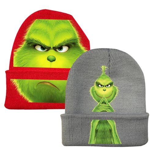 Weihnachten G-Rinch Strickmütze Grün Monster Hut, 2pcs Weihnachten Strickmütze Beanie Hat Dekorative, Weihnachtsmützen Unisex Wintermütze Erwachsene,Weihnachtsmützen für Männer Weihnachtsfeier von OFKAFEZV