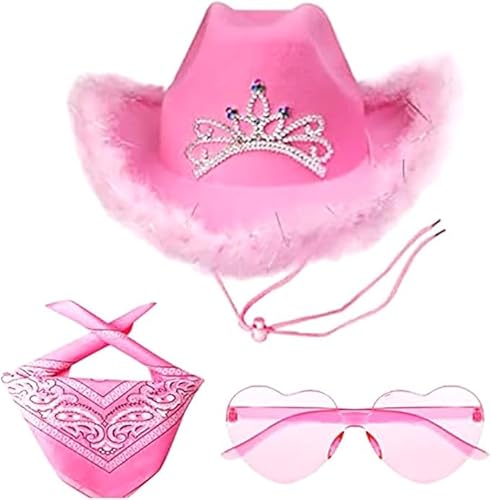 OFKAFEZV Cowgirl Hut Pink 3pcs Cowgirl Hut Pink Damen, Dekoration Cowgirl Hut Mütze Kopfbedeckung Für Party Halloween Karneval Kostüm Kostümzubehör, Cowboyhut Mit Flauschig Und Glitzer von OFKAFEZV