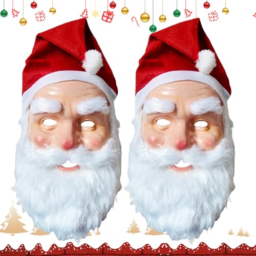 Weihnachtsmann-Kopfbedeckung 2Stück Santa Claus Maske Weihnachtsmann Nikolaus mit Glatt Weiß Bart, Weißer Augenbrauen,Inklusive Rot Xmas Mütze für Weihnachten, Karneval, Kostüm, Cosplay, Party von OFKAFEZV