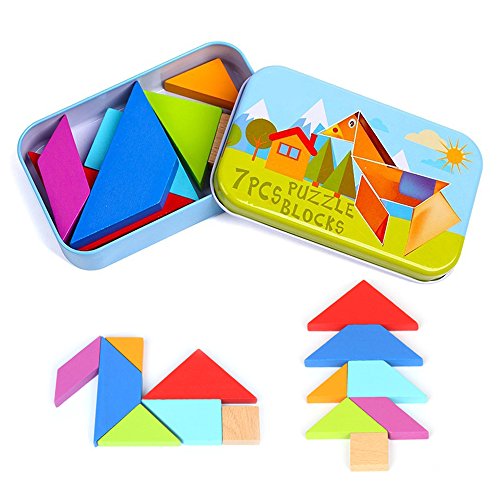 OFKPO Kinder Tangram Legespiel aus Holz,Bunt Geometrisch Puzzle Spielzeug mit Box von OFKPO