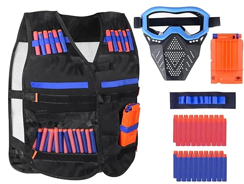 OFUN Taktische Weste für Kinder 44pcs, Taktische Jacke Set für Nerf Guns N-Strike Elite beinhaltet Weste mit 40Pcs Darts Bullets 1 Nerf Weste 1 Schnellverschlussclips 1 Gesichtsschutz 1 Armband von OFUN