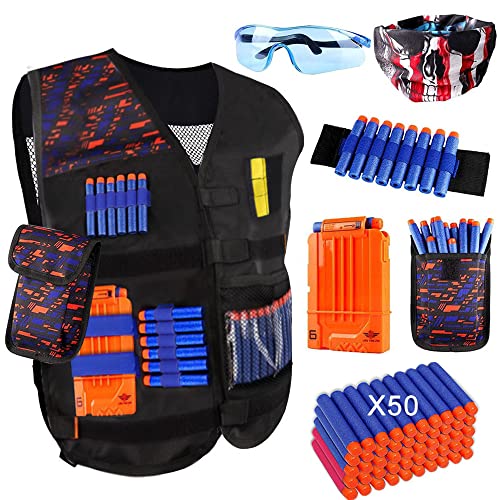 OFUN 56pcs Taktische Weste Jacke Set für Kinder, Tactical Vest Kit & 50 Darts & 1 Gesichtsschutz & 1 Schutzbrillen & 1 Armband & 1 Dartbeutel & Bullets Clip Magazin für N-Strike Elite Serie von OFUN