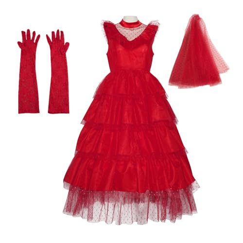 Lydia Deetz Kostüm für Damen, rote Braut, Hochzeitskleid, Betlejuice Cosplay, gestuftes Tüllkleid, Gothic, Halloween-Outfit (ärmellos, S) von OGJZRR