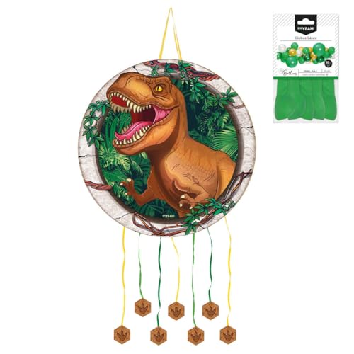 OH YEAH - Piñata Dinosaurier Rex Geburtstag groß Ø 47 cm + 10 grüne Luftballons 30 cm - Kinderparty Dekoration - Große Pinata zum Befüllen - Spielzeug und Leckereien - Einfach zu befüllen von OH YEAH