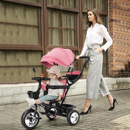 OHMG 4-in-1 Baby-Dreirad, zusammenklappbares Sonnensegel, Kinderfahrrad, evolutionäres Dreirad, Dreirad mit Pedalen und 3-Punkt-Gurten, Babyfahrrad, mit praktischem Zubehör, zwei Körben, 9 Monate von OHMG