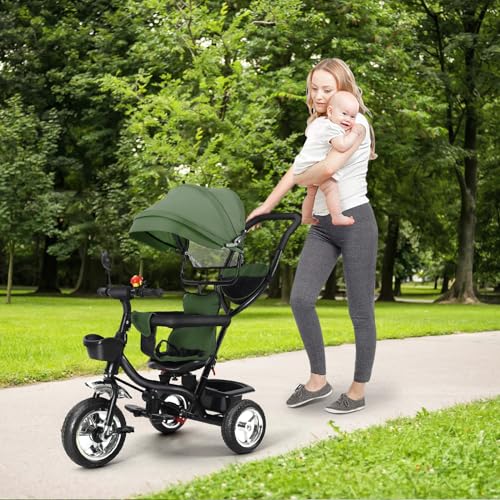 OHMG 4-in-1 Baby-Dreirad, zusammenklappbares Sonnensegel, Kinderfahrrad, evolutionäres Dreirad, Dreirad mit Pedalen und 3-Punkt-Gurten, Babyfahrrad, mit praktischem Zubehör, zwei Körben, 9 Monate von OHMG