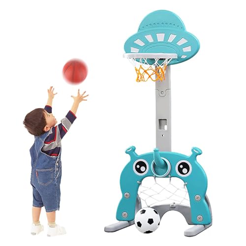 OHMG 4 in 1 Basketballkorb für Kinder, Basketballkorb, Fußballtor/Ringwerfer/Golf und Wurfspiel für Kleinkinder, Sport-Spielzeug für drinnen und draußen (55 x 58 x 146 cm (blau)) von OHMG