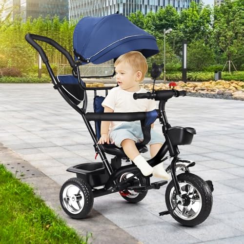 OHMG Baby-Dreirad, skalierbar, 4-in-1, Laufrad, mitwachsend, wendbarer Sitz, Trike Bebe, Velo, skalierbarer Kinderwagen, klappbares Sonnendach und abnehmbare Pedale (blau) von OHMG