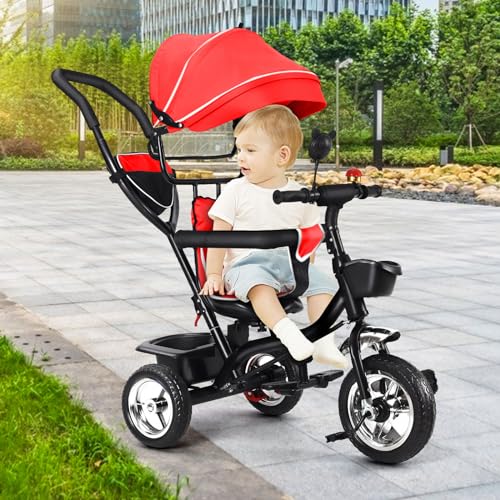 OHMG Baby-Dreirad, skalierbar, 4-in-1, Laufrad, mitwachsend, wendbarer Sitz, Trike Bebe, Velo, skalierbarer Kinderwagen, klappbares Sonnendach und abnehmbare Pedale (rot) von OHMG