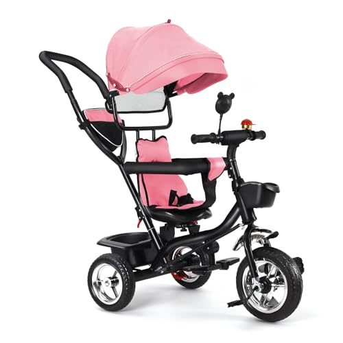 OHMG Baby-Dreirad, skalierbar, 4-in-1, Laufrad, mitwachsend, wendbarer Sitz, großer Korb, Trike Baby, Fahrrad, Kinderwagen, klappbares Sonnendach (Rosa) von OHMG