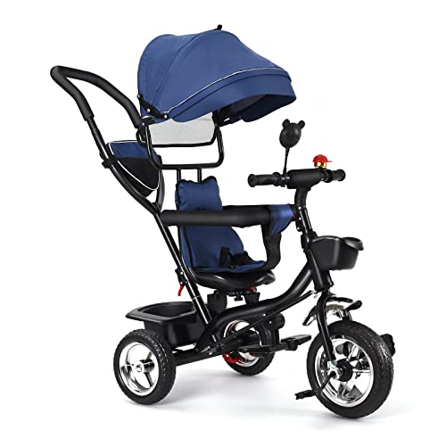 OHMG Baby-Dreirad, skalierbar, 4-in-1, Laufrad, mitwachsend, wendbarer Sitz, großer Korb, Trike Baby, Fahrrad, Kinderwagen, klappbares Sonnendach (blau) von OHMG
