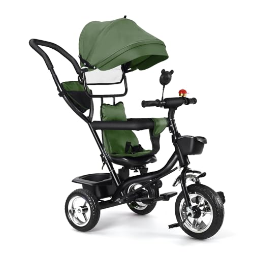 OHMG Baby-Dreirad, skalierbar, 4-in-1, Laufrad, mitwachsend, wendbarer Sitz, großer Korb, Trike Baby, Fahrrad, Kinderwagen, klappbares Sonnendach (grün) von OHMG