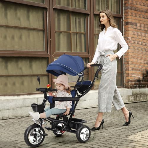 OHMG Dreirad 4 in1 Kinderdreirad mit Schubstange Stange,Drehbarer Sitz,ab 1 Jahr,Gummiräder Buggy Fahrrad Baby Klappbar,Ausklappbarem Verdeck,Korb,Pedal,bis 25 kg (Blau) von OHMG