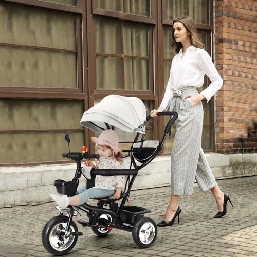 OHMG Dreirad 4 in1 Kinderdreirad mit Schubstange Stange,Drehbarer Sitz,ab 1 Jahr,Gummiräder Buggy Fahrrad Baby Klappbar,Ausklappbarem Verdeck,Korb,Pedal,bis 25 kg (Grau) von OHMG